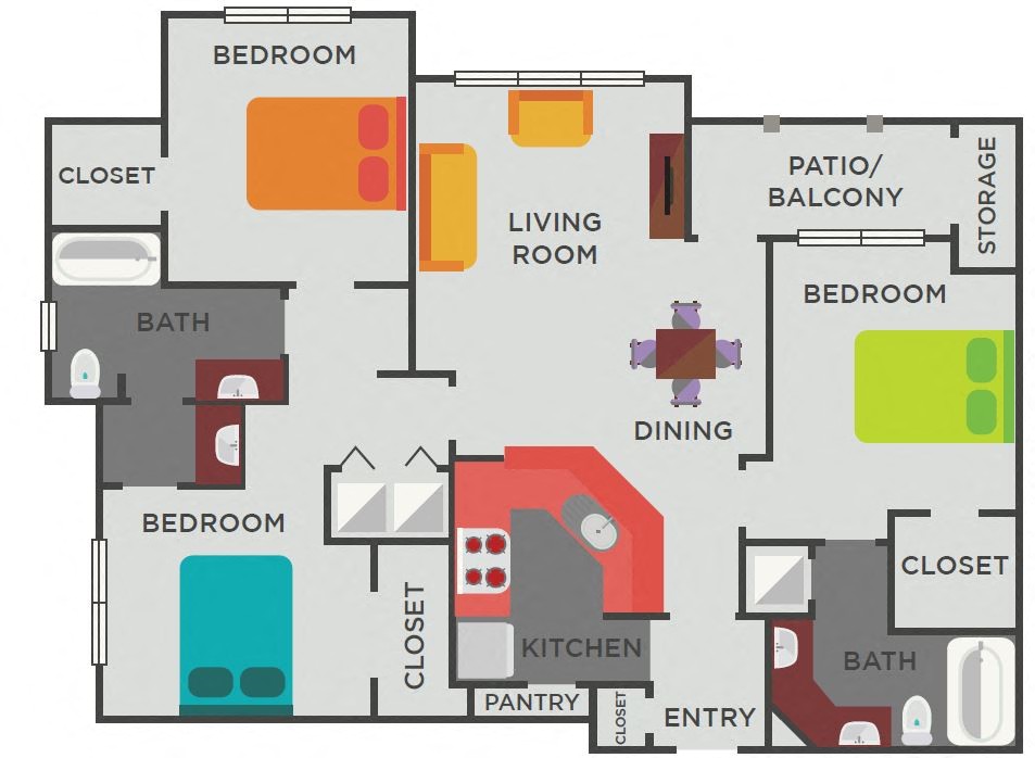 Floor plan for 3 beds, 2 baths, 1433 sqft